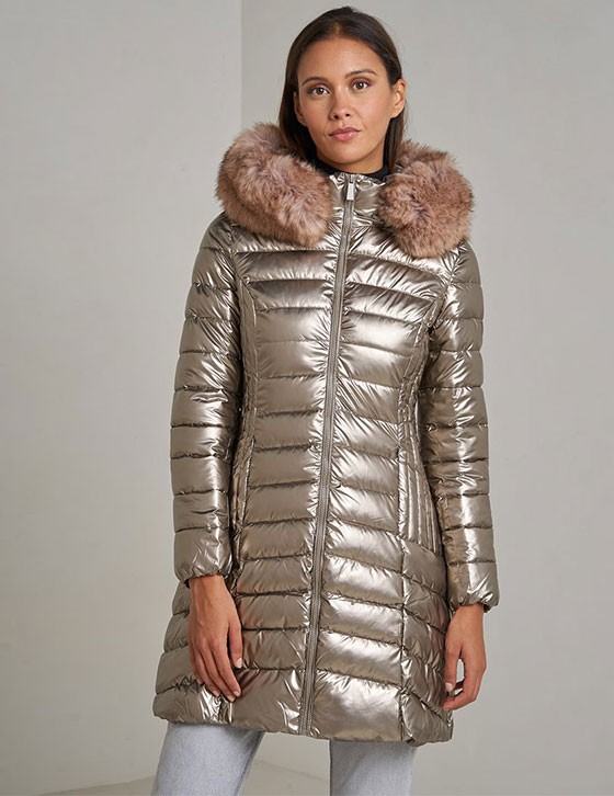 AT8258B Hooded Metallic Jacket With Faux Fur